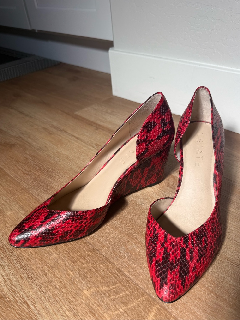 1. State Red Snake-Print Pointed-Toe Wedge Heels